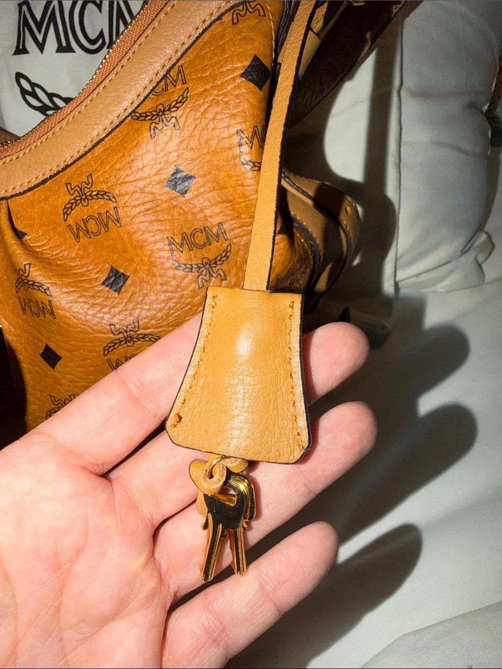 MCM Aren Hobo Bag in Cognac Visetos Monogram - Full Set